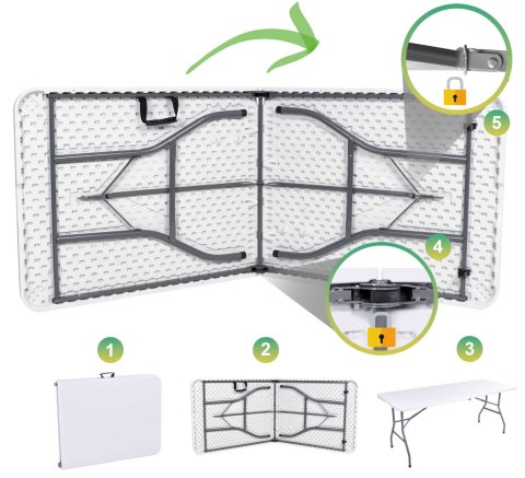 STÓŁ CATERINGOWY FETA WHITE SKŁADANY W WALIZKĘ 180 CM BIAŁY