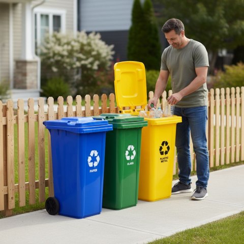 Zestaw 3 koszy na śmieci pojemniki 3x120L niebieski zielony żółty makulatura szkło plastik gumowe koła