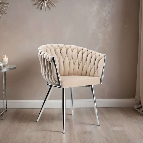 KRZESŁO WELUROWE PLECIONE COFTON CHROM VELVET BEŻOWY