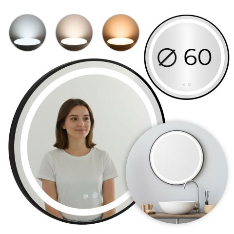 Lustro łazienkowe LED okrągłe ścienne 60 cm 3 barwy włącznik dotykowy regulacja jasności ModernHome
