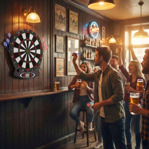 Elektroniczna tarcza do darta gry w rzutki lotki tablica LCD 38 cm 18 gier zestaw 6 rzutek