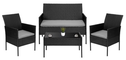 ZESTAW MEBLI OGRODOWYCH Z TECHNORATTANU MAGNOLIA CZARNY Z SZARYMI PODUSZKAMI