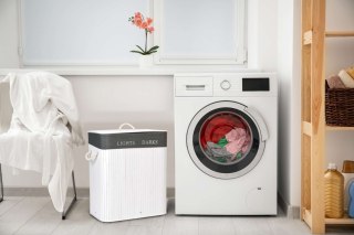 KOSZ BAMBUSOWY POJEMNIK NA PRANIE 2 KOMORY BIAŁO-SZARY