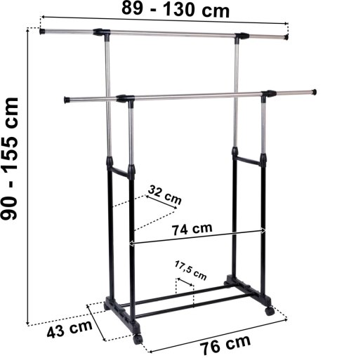 MOBILNY WIESZAK STOJĄCY PODWÓJNY NA KÓŁKACH DARA CZARNY
