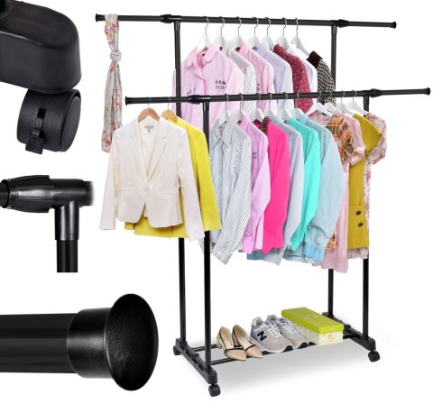 MOBILNY WIESZAK STOJĄCY PODWÓJNY NA KÓŁKACH DARA CZARNY