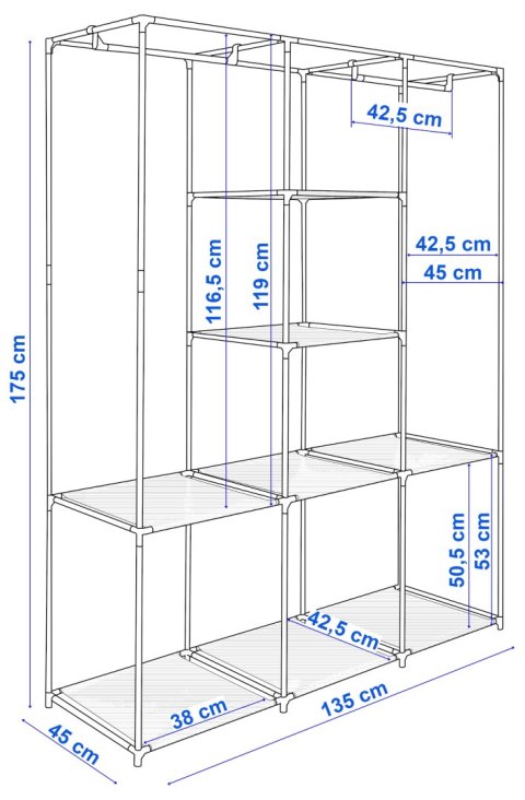 SZAFA TEKSTYLNA Z 8 PÓŁKAMI SONIA Z KURTYNĄ SZARA