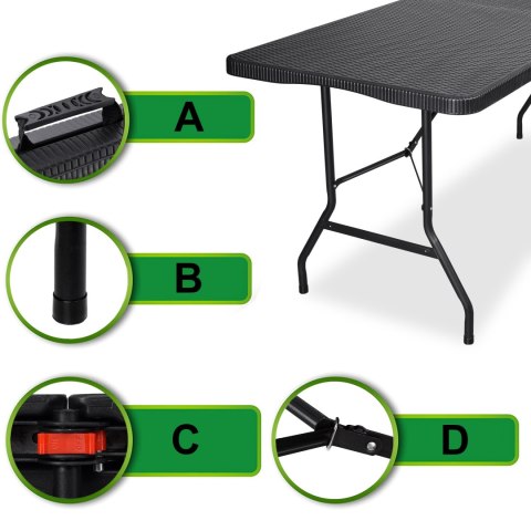 STÓŁ CATERINGOWY RATTAN SKŁADANY W WALIZKĘ - 180 CM CZARNY