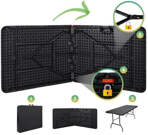 STÓŁ CATERINGOWY RATTAN SKŁADANY W WALIZKĘ - 180 CM CZARNY