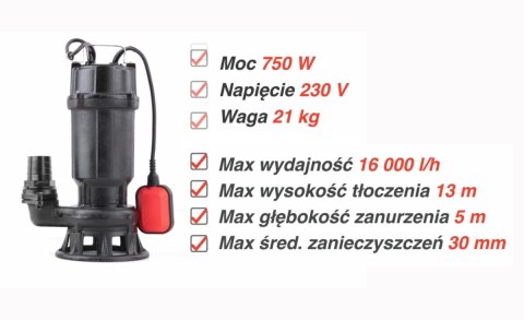 POMPA DO ŚCIEKÓW 750W Z ROZDRABNIACZEM POMPA DO ŚCIEKÓW 750W Z ROZDRABNIACZEM