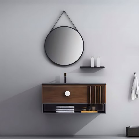 Okrągłe lustro ścienne 60 cm wiszące na pasku nowoczesne czarna rama ModernHome Okrągłe lustro ścienne 60 cm wiszące na pasku nowoczesne czarna rama ModernHome