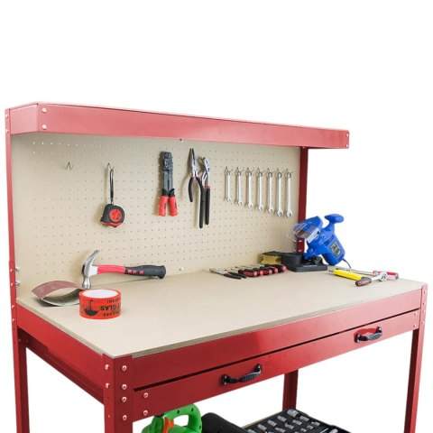 Stół warsztatowy z uchwytami blat 115x55 cm szuflada haki x12 stabilny stal Stół warsztatowy z uchwytami blat 115x55 cm szuflada haki x12 stabilny stal
