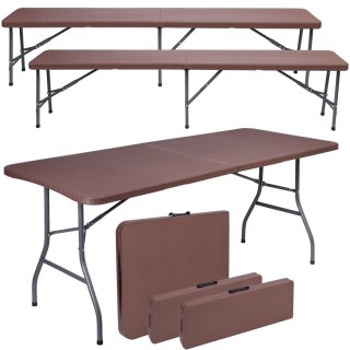 Zestaw cateringowy Rattan brąz stół 180 cm+ 2 ławki