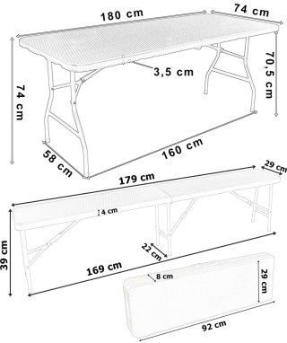 Zestaw cateringowy Rattan brąz stół 180 cm+ 2 ławki