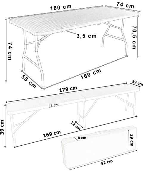 Zestaw cateringowy Rattan brąz stół 180 cm+ 2 ławki